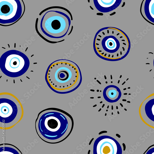Hand drawn Turkish eye. Seamless pattern with hand drawn Turkish evil eye bead. Good luck. Turkish tile. Oriental ottoman design vector background. Symbol of Turkey, Greese, Crete, Cyprus