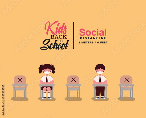 Girl and boy kid with uniform and medical mask at desk design, Back to school and social distancing theme Vector illustration