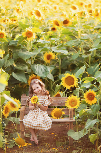 happy little girl having fun among blooming sunflowers under the sunset rays of the sun. Girl sitting on a bench