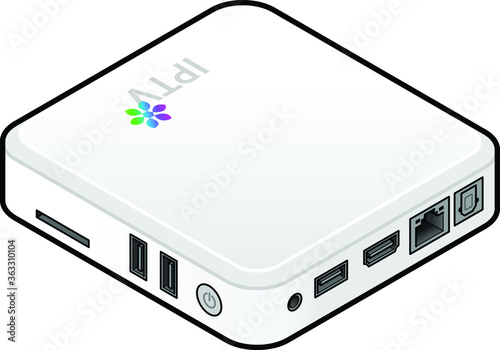 A small white IPTV set top box or integrated receiver decoder showing ports and connections.