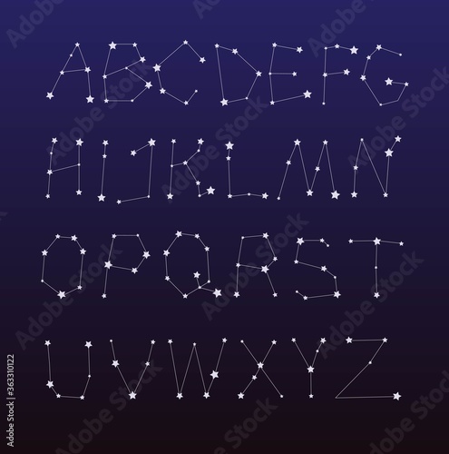 Set of alphabet letters like starry constellations. Vector illustration.