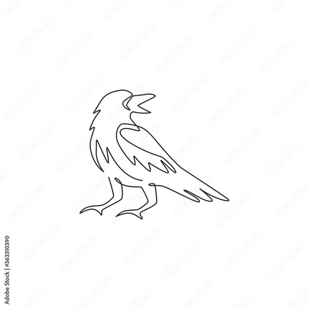 Obraz premium One single line drawing of mysterious raven for company business logo identity. Crow bird mascot concept for graveyard icon. Trendy continuous line draw design vector graphic illustration