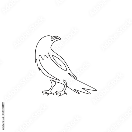 Fototapeta Naklejka Na Ścianę i Meble -  One continuous line drawing of black raven for ghost house logo identity. Crow bird mascot concept for cemetery icon. Modern single line draw vector graphic design illustration
