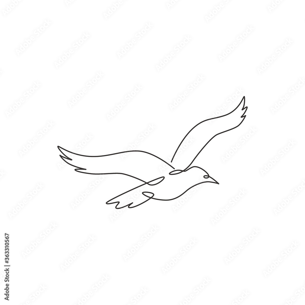Obraz premium One single line drawing of wild seagull for company business logo identity. Cute bird mascot concept for conservation national park symbol. Continuous line draw design graphic illustration vector