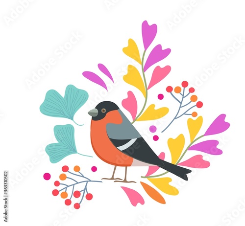 Cute vector flat design with bird and branches with leaves and berries 