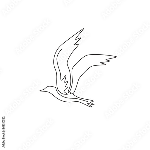One continuous line drawing of beauty seagull for marine company logo identity. Beautiful flying bird mascot concept for cargo ship symbol. Trendy single line draw graphic vector design illustration