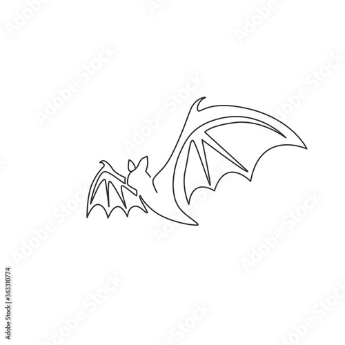 One continuous line drawing of scary bat for ghost house logo identity. Evil mammal animal mascot concept for horror symbol. Trendy single line draw design illustration graphic vector