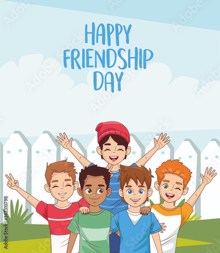 happy friendship day celebration with group of boys in the park
