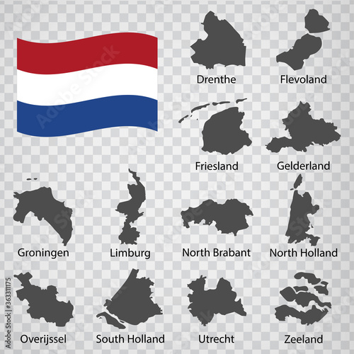 Twelve Maps  Provinces of Netherlands - alphabetical order with name. Every single map of  Province are listed and isolated with wordings and titles. Netherlands. EPS 10.