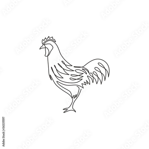 One single line drawing of rooster animal for company business logo identity. Cock bird mascot concept for farming icon. Trendy continuous line draw vector graphic design illustration