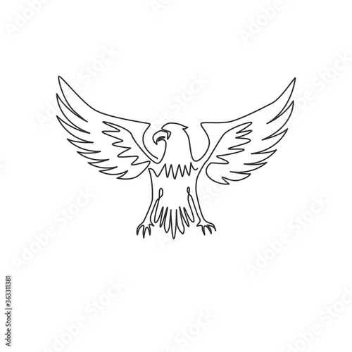 Single continuous line drawing of heroic eagle for e-sport team logo identity. Falcon bird mascot concept for graveyard icon. Dynamic one line vector draw graphic design illustration © Simple Line