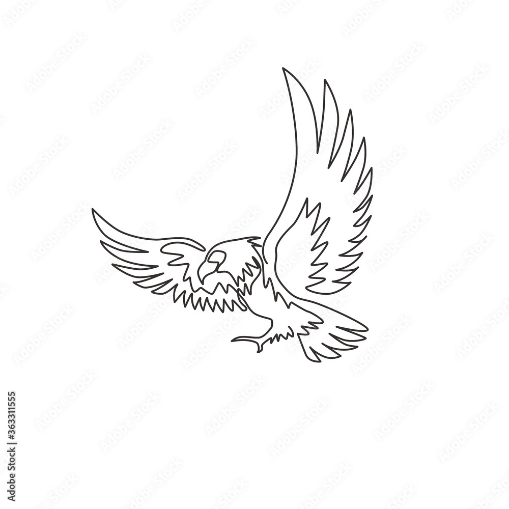 Obraz premium One single line drawing of strong eagle bird for company business logo identity. Falcon mascot concept for air force icon. Dynamic continuous line draw design graphic vector illustration