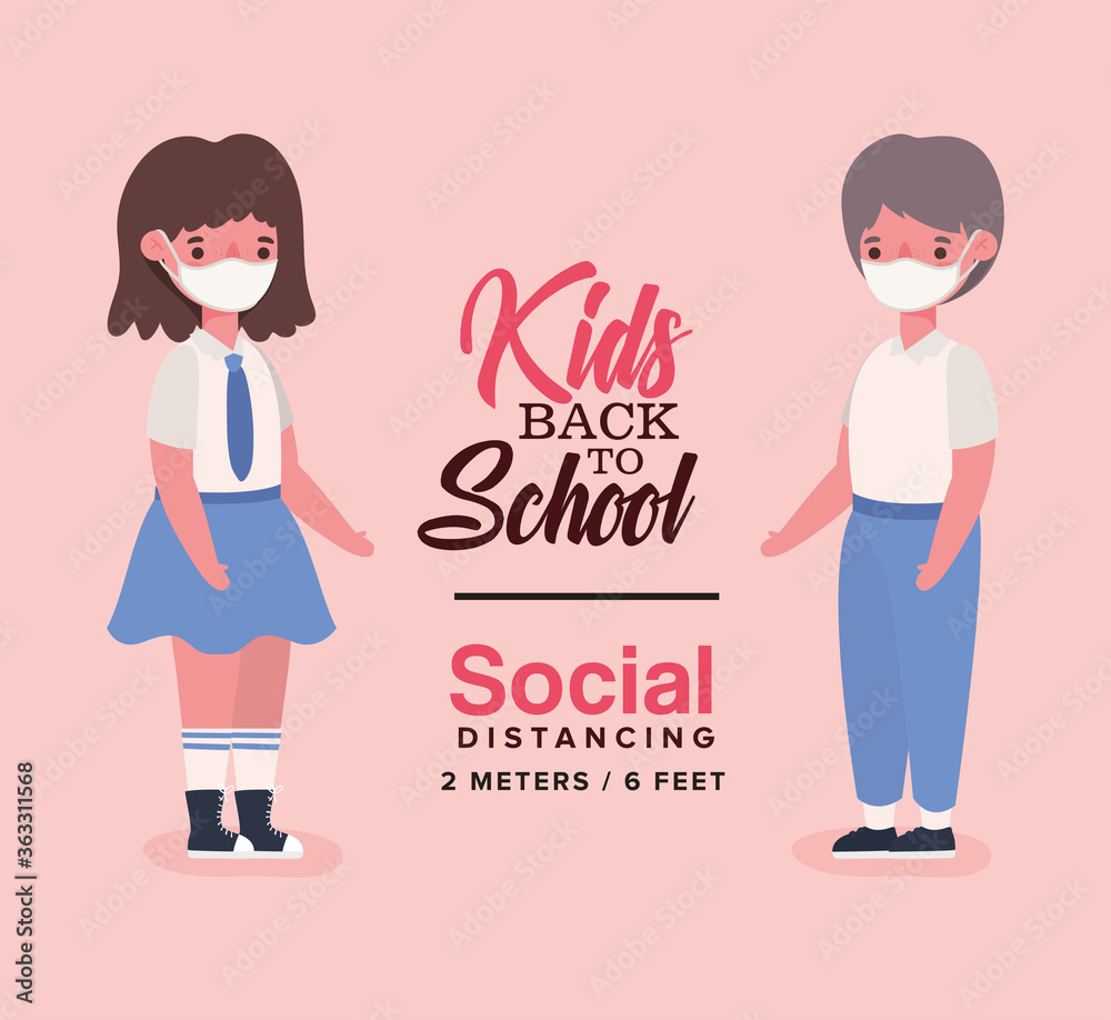 Girl and boy kid with uniform and medical mask design, Back to school and social distancing theme Vector illustration Girl and boy kid with uniform and medical mask design, Back to school and social distancing theme Vector illustration