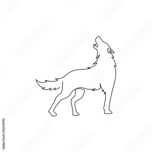 Single continuous line drawing of mysterious wolf for e-sport team logo identity. Strong wolves mascot concept for national park icon. Modern one line draw design graphic vector illustration