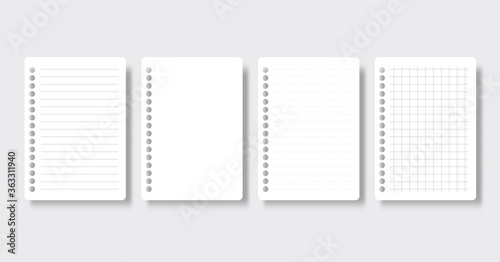 Notebook white stripe pages set. Notepad blank paper sheet. A4 notepad line paper. Notebook blank template. Creative vector illustration of realistic notebooks lined and dots paper page