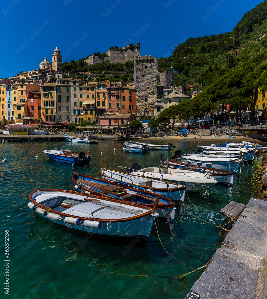 Small fishing boats line up along the quay in front of the old town of Porto Venere, Italy in the summertime