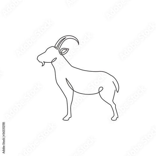 Single continuous line drawing of strong tough goat for business logo identity. Lamb emblem mascot concept for ranch icon. Trendy one line draw design vector graphic illustration
