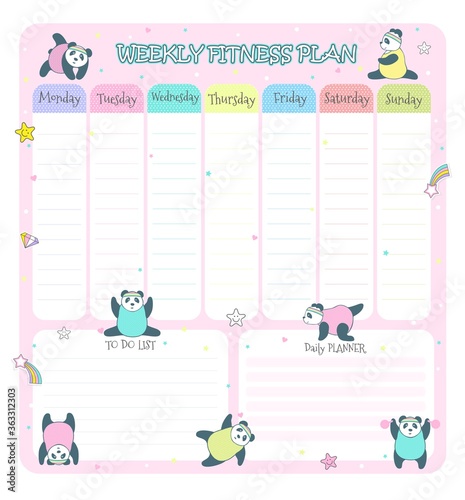 Children's weekly planner with cute pandas. Vector illustration.