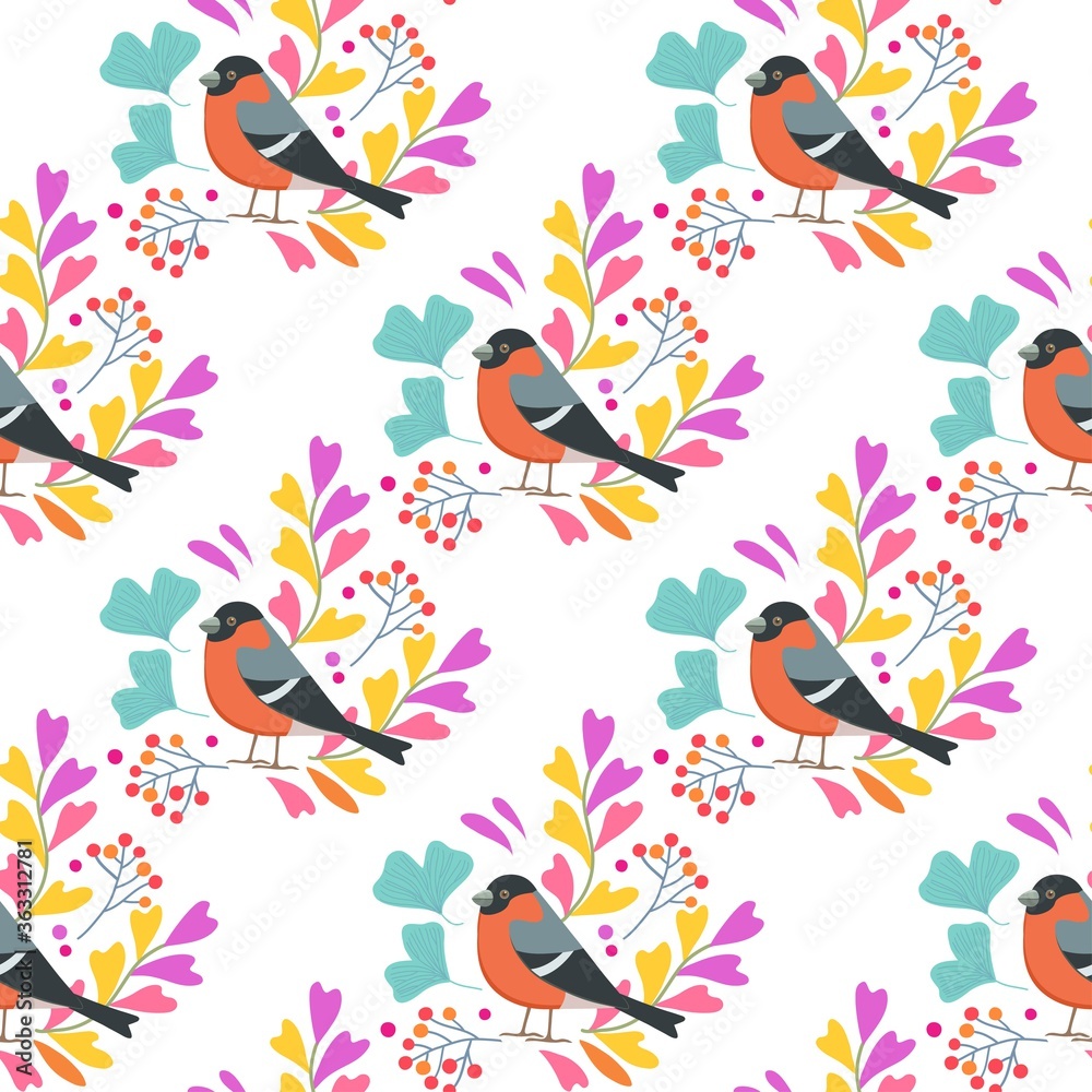 Seamless pattern with cute birds, leaves and berries. Vector illustration.