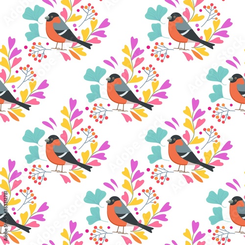 Seamless pattern with cute birds, leaves and berries. Vector illustration. © Yuliya