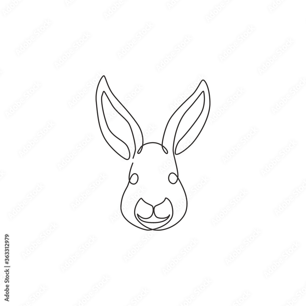 One continuous line drawing of adorable rabbit head for animal lover club logo identity. Cute bunny animal mascot concept for kids doll shop icon. Single line graphic draw design vector illustration