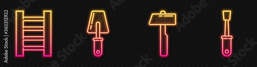 Set line Hammer, Wooden staircase, Trowel and Screwdriver. Glowing neon icon. Vector.