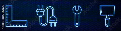 Set line Wrench spanner, Corner ruler, Electric plug and Putty knife. Glowing neon icon on brick wall. Vector.