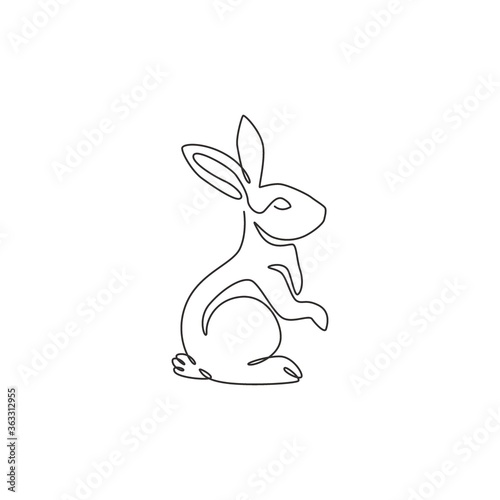 One continuous line drawing of adorable standing rabbit for animal lover club logo identity. Cute bunny animal mascot concept for kids doll shop icon. Single line draw design vector illustration