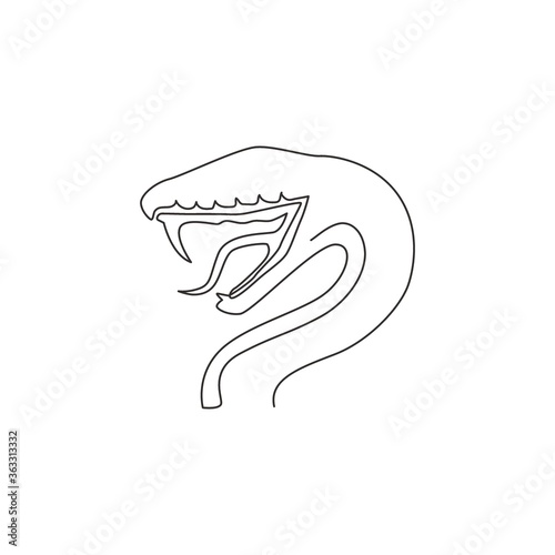 One single line drawing of venomous snake for medicine concoction logo. Deadly cobra mascot concept for dangerous lethal potion icon. Trendy continuous line draw design vector graphic illustration