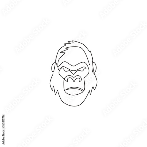 One single line drawing of gorilla head for company business logo identity. Strong ape animal face mascot concept for corporate icon. Trendy continuous line draw graphic design vector illustration