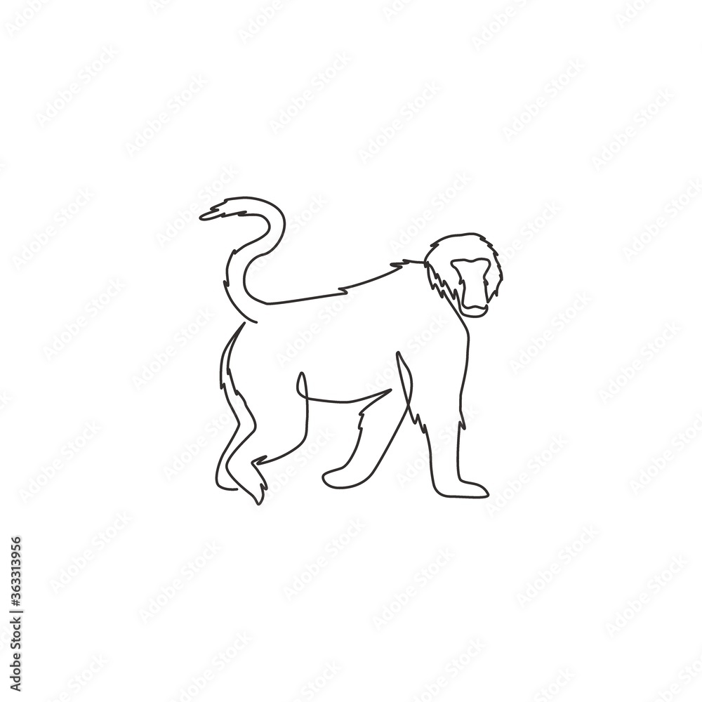 One continuous line drawing of walking baboon for conservation jungle logo identity. Primate animal mascot concept for national park icon. Modern single line graphic draw design vector illustration