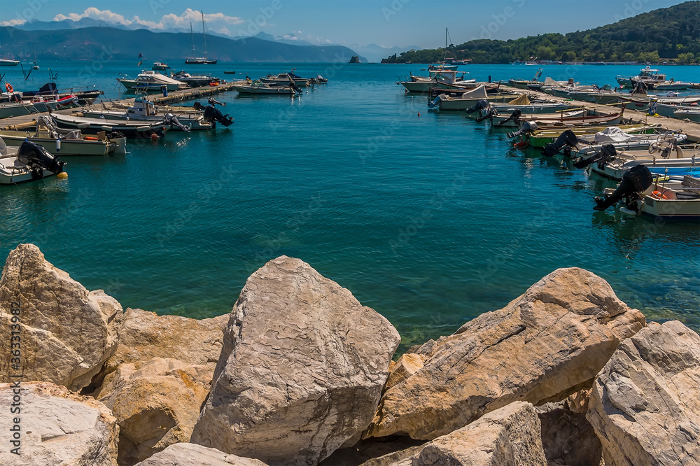 A view of lines of boats moored in the new marina of Porto Venere, Italy in the summertime