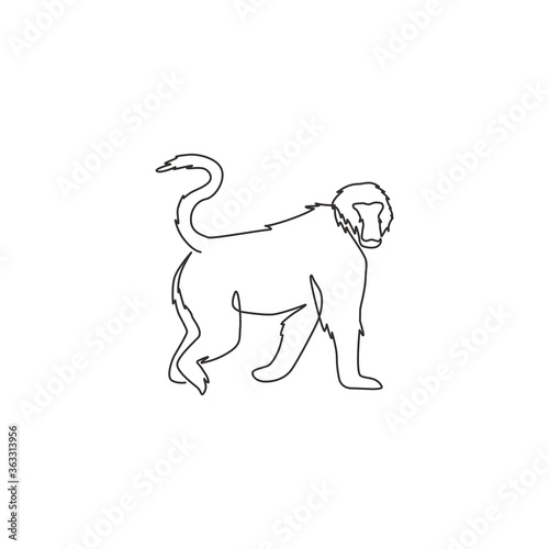 One continuous line drawing of walking baboon for conservation jungle logo identity. Primate animal mascot concept for national park icon. Modern single line graphic draw design vector illustration