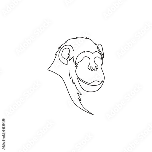 One single line drawing of cute smiling chimpanzee head for company business logo identity. Adorable chimp animal mascot concept for corporate icon. Continuous line draw design vector illustration