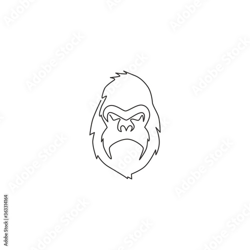 Single continuous line drawing of gorilla head for national zoo logo identity. Ape primate animal portrait mascot concept for e-sport team club icon. One line draw design graphic vector illustration