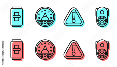 Set line Exclamation mark in triangle, Electric light switch, Ampere meter, multimeter, voltmeter and Electrical outlet icon. Vector.