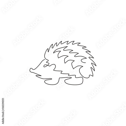 Single continuous line drawing of cute little baby hedgehog for logo identity. Funny thorny mammal rodent concept for pet lover icon. Trendy one line graphic draw design vector illustration