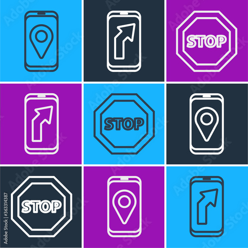 Set line City map navigation, Stop sign and City map navigation icon. Vector.