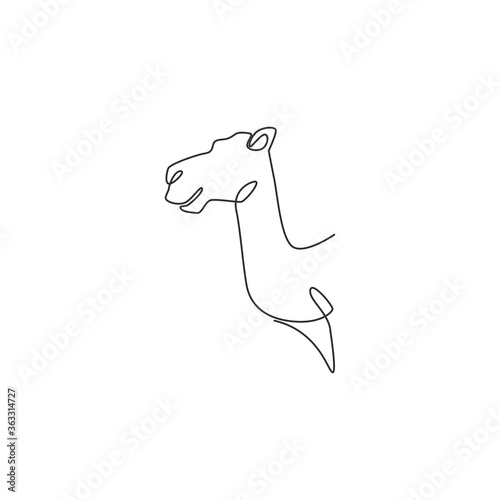 Single continuous line drawing of head desert Arabic camel for logo identity. Cute dromedary mammal animal concept for national zoo icon. Trendy one line draw design graphic vector illustration