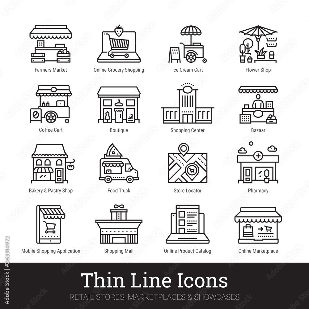 Retail stores, marketplaces, online showcases, shop buildings thin line icons for web, mobile app. Editable stroke. Shop vector set include icons: local market, bakery, bazaar, boutique, shopping mall