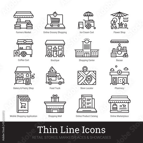 Retail stores, marketplaces, online showcases, shop buildings thin line icons for web, mobile app. Editable stroke. Shop vector set include icons: local market, bakery, bazaar, boutique, shopping mall