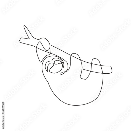 One continuous line drawing of lazy sloth hanging at the tree branch for logo identity. Mammal animal mascot concept for national park icon. Modern single line draw graphic design vector illustration