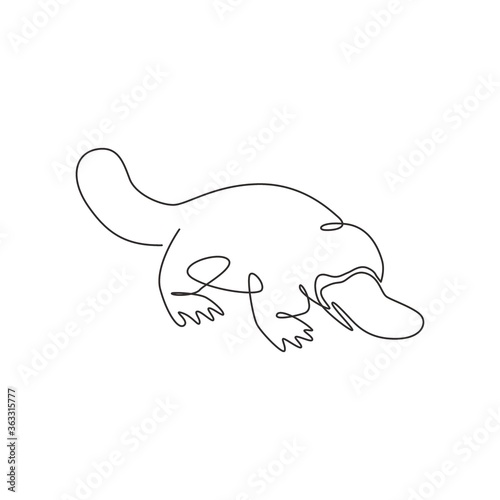 One continuous line drawing of cute platypus for logo identity. Australian mammal animal mascot concept for national conservation park icon. Modern single line graphic draw design vector illustration