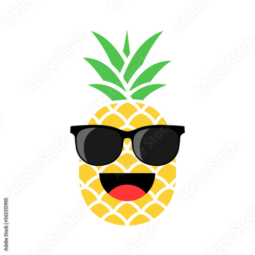 Cartoon pineapple in glasses. Fresh cute exotic fruit wearing sunglasses. Funny summer vector illustration isolated on white.