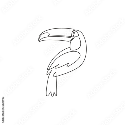 One continuous line drawing of cute toucan bird with big beak for logo identity. Exotic animal mascot concept for national conservation park icon. Single line draw design graphic vector illustration