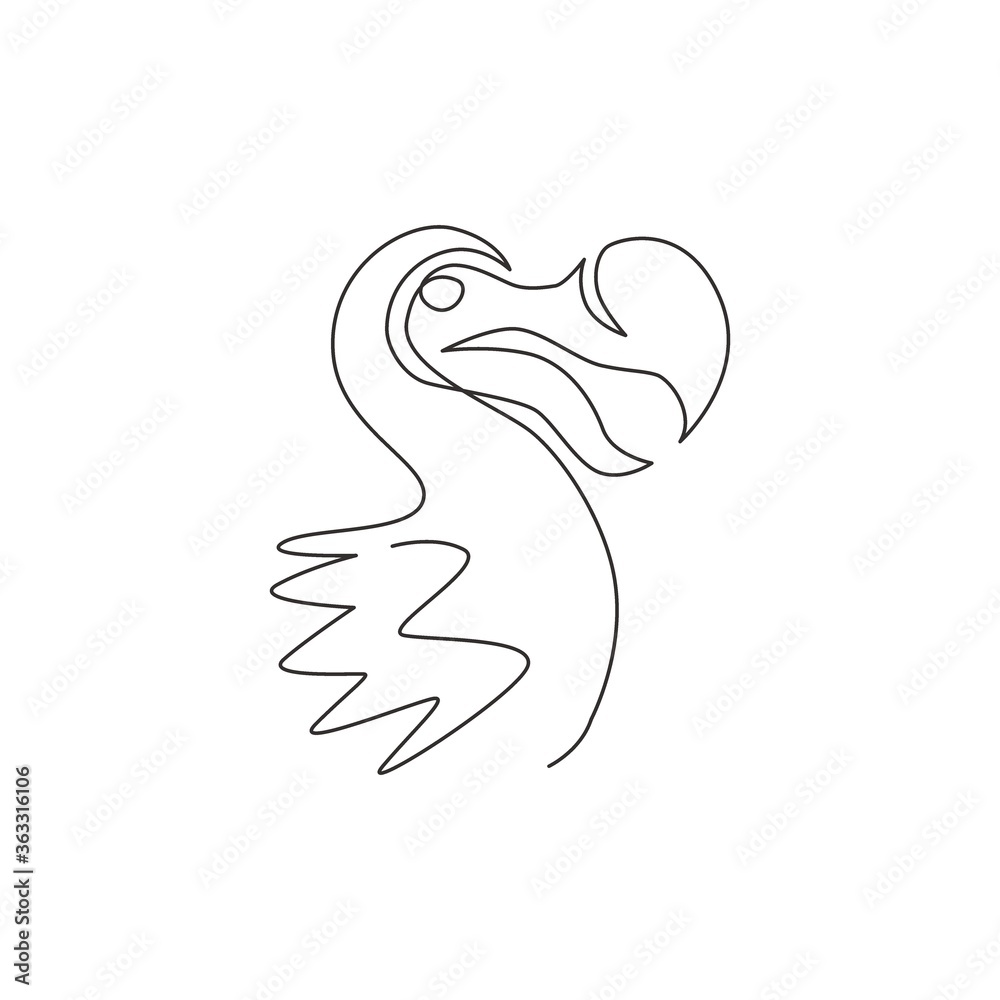One continuous line drawing of cute adorable dodo bird head for logo identity. Extinct animal mascot concept for museum zoo icon. Modern single line draw design vector illustration graphic One continuous line drawing of cute adorable dodo bird head for logo identity. Extinct animal mascot concept for museum zoo icon. Modern single line draw design vector illustration graphic