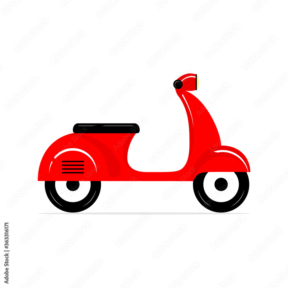 Red motor bike vector. Cut delivery scooter. Cartoon fast small retro moped transport isolated on white. Red motor bike vector. Cut delivery scooter. Cartoon fast small retro moped transport isolated on white.