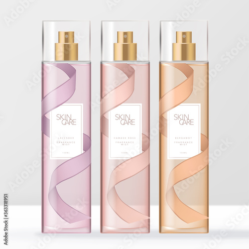 Vector Clear Bottle Body & Cap Fragrance Spray Packaging with Ribbon Pattern Printed
