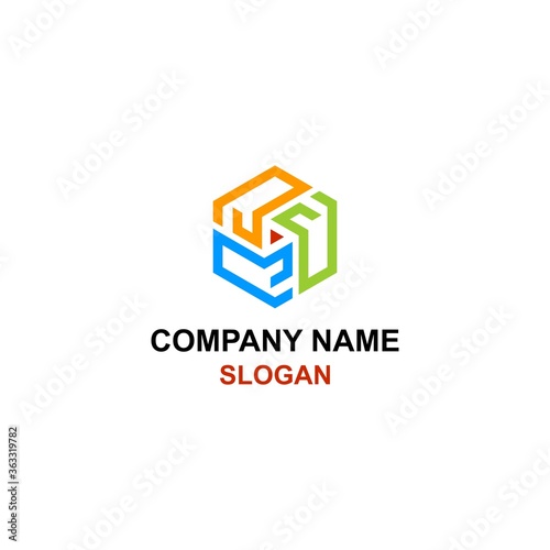 Abstract hexagon shape, forming R letter logo.