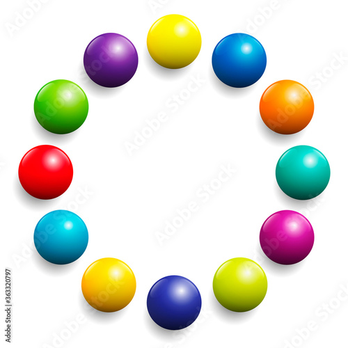 Colorful ball circle. Very shiny spectrum of colors formed by twelve balls. Vector illustration on white background.
